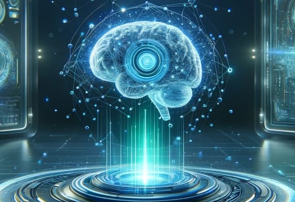 人工知能を象徴するデジタル脳とサイバー空間のビジュアル